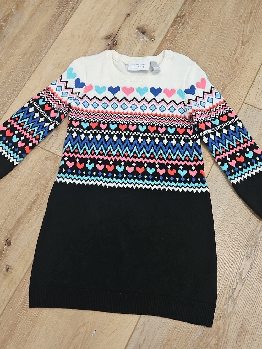 The Children's Place Black and White Fair Isle Heart Knit Sweater Dress